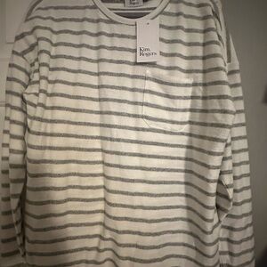 Kim Rogers Gray and White Striped Crew Neck Sweater